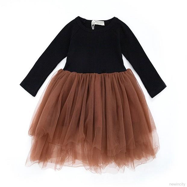 Đầm bé gái tay dài phối lưới phong cách Hàn Quốc dễ thương