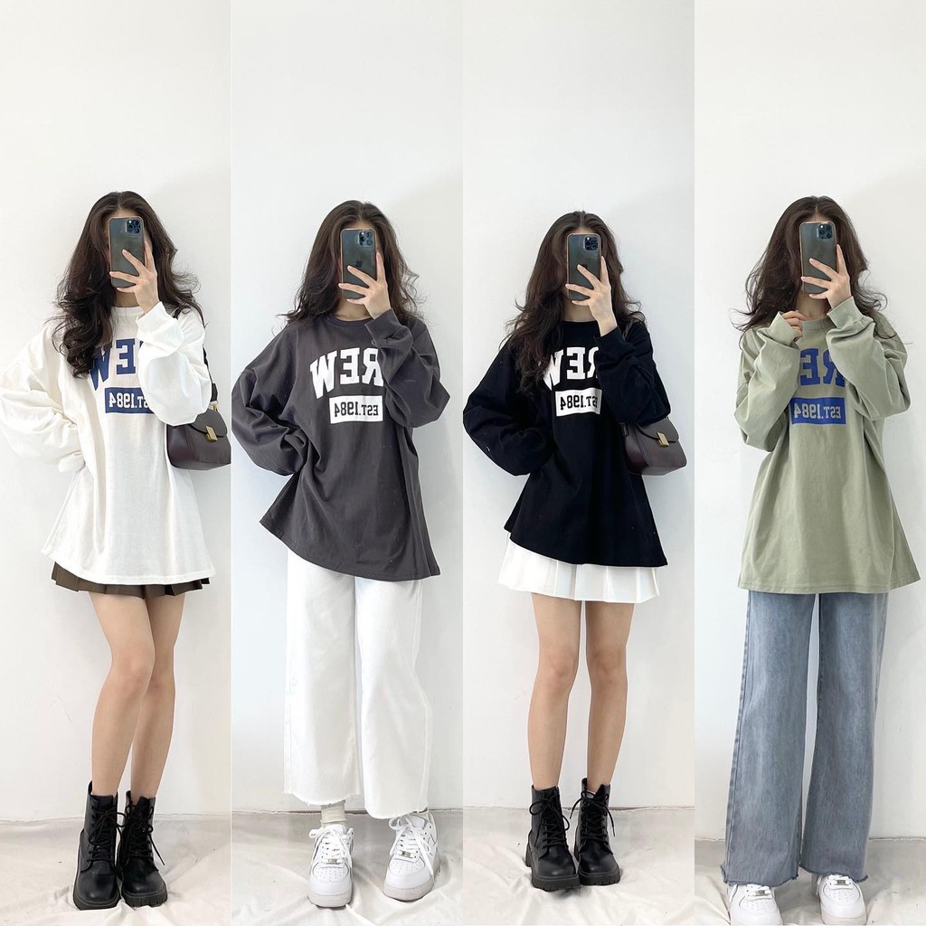 Áo thun nữ cổ tròn tay dài CREW 1984 form rộng unisex - Lyza Store