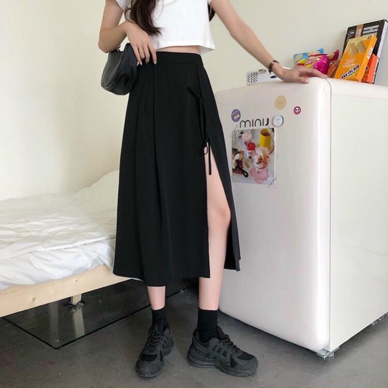 [Hàng VNXK]Chân Váy Xẻ Tà Buộc Dây Nữ🌸 Dáng Xoè Dài, Chân Váy Midi Đen Xẻ Vạt Thắt Nơ Dáng Ullzang | BigBuy360 - bigbuy360.vn