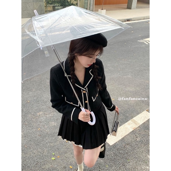 Set áo dạ tweed dáng ngắn phối viền trắng nổi bật kèm chân váy xếp li (có ảnh thật) | BigBuy360 - bigbuy360.vn