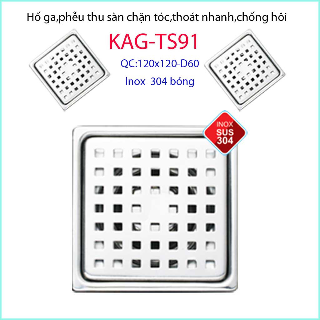 Phễu thoát sàn 12x12cm KAG-TS91 (D6cm)  inox 304, hố ga thoát sàn khách sạn cho ống D60mm mặt caro chống mùi hôi thoát n