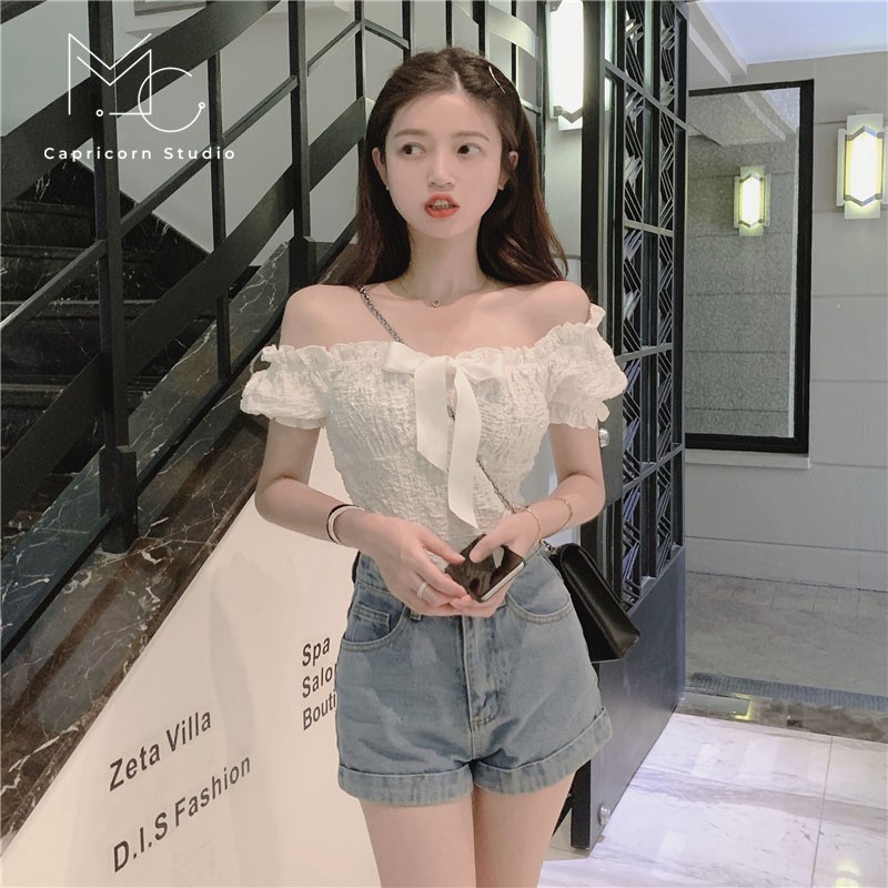 Áo trễ vai bèo nhún có nơ dễ thương phong cách Ulzzang Hàn Quốc [MinC.Studio - MCAT010]