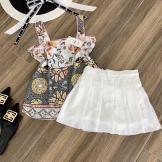 Váy 2 dây thổ cẩm mix chân váy xếp ly trắng