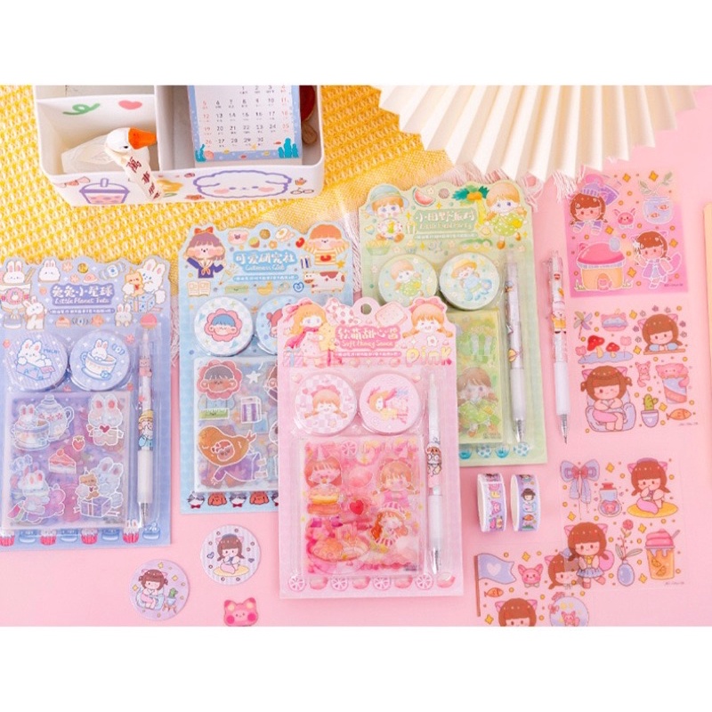 🌸 Hộp sticker, washi tape và dao cắt washi - Hộp 6 nhãn dán, băng keo và bút cắt sticker 🌸