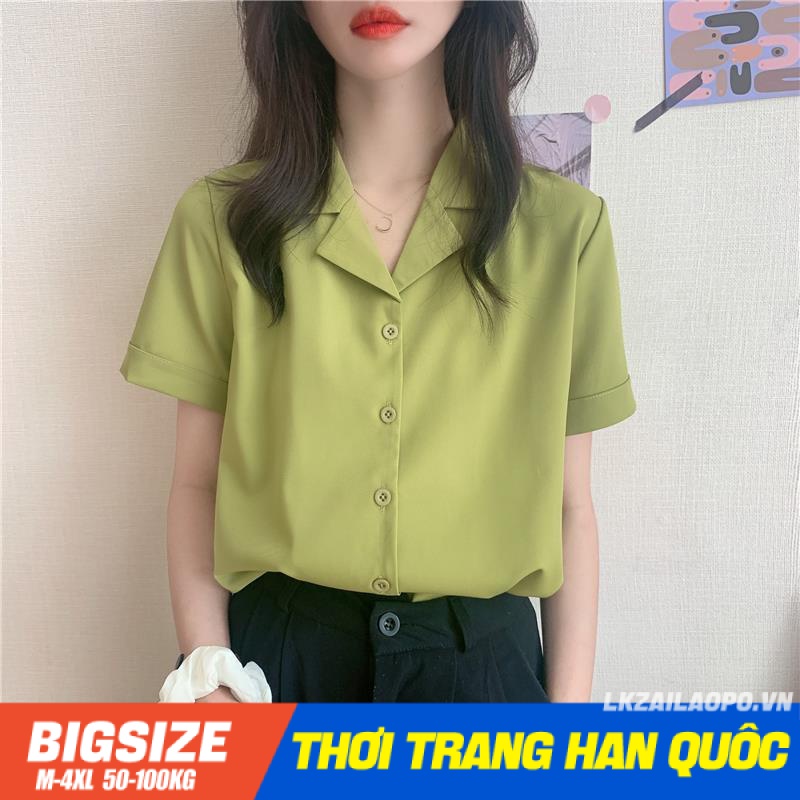 Áo sơ mi công sở Bigsize Áo kiểu nữ form rộng tay ngắn cổ bẻ mùa hè Phong cách Hàn Quốc Thời Trang tiểu thư cá tính xinh đẹp bigsizegiaree