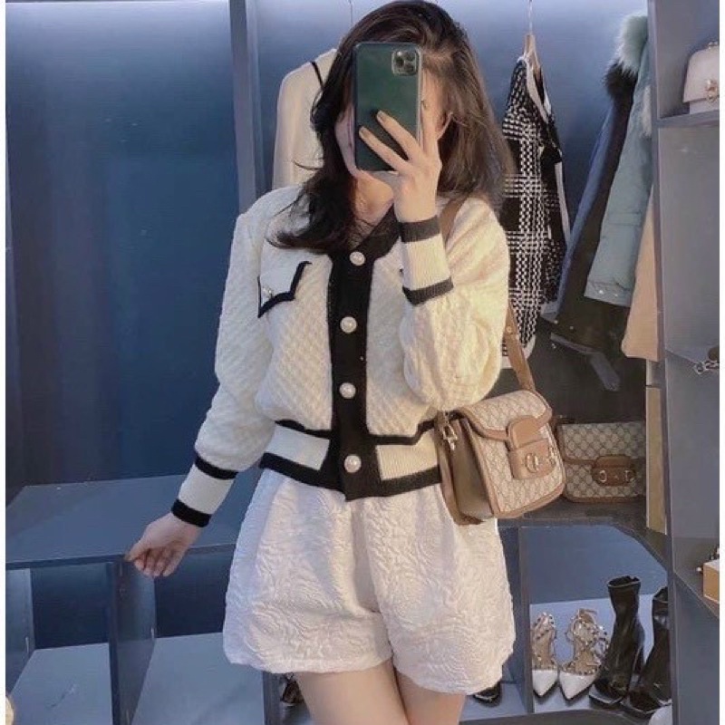 Áo khoác len Cadigan viền trắng,đen khuy ngọc cực sang, len dày thu đông