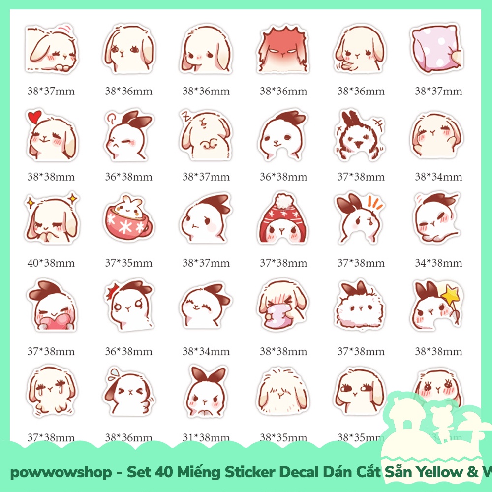 [Sẵn VN - Hỏa Tốc] Set 40 Miếng Sticker Decal Cắt Sẵn DIY Dán Trang Trí Vật Dụng Mẫu Yellow &amp; White Rabbit Cute Momment