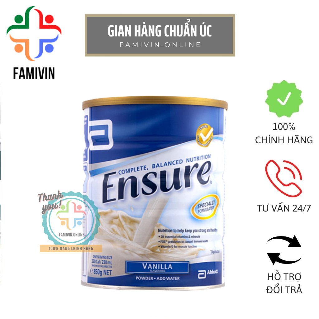 Sữa Ensure 850g,  Úc bổ sung canxi, ngăn ngừa loãng xương, bổ sung dinh dưỡng hợp lý cho người lớn t
