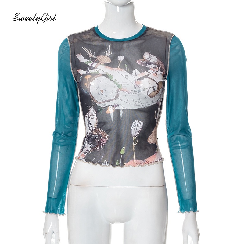 Áo Thun Tay Dài Cổ Tròn Ôm Eo In Họa Tiết Hoạt Hình Thời Trang 2022 Cho Nữ