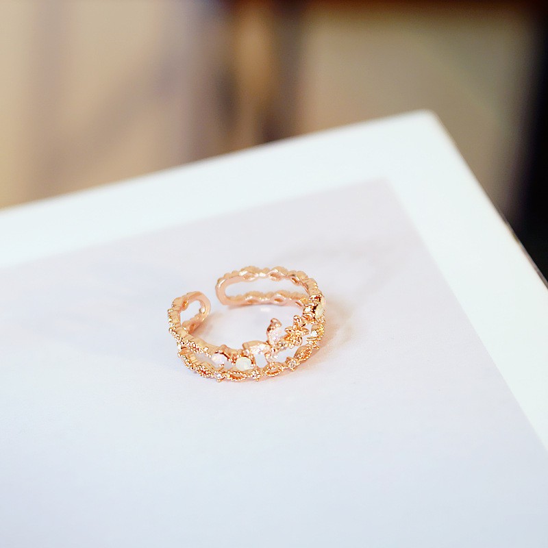 Nhẫn Mạ Bạc B685 Họa Tiết Hoa Và Bướm Đính Đá Phong Cách Hàn Quốc