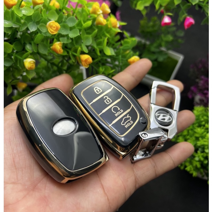 Bao chìa khóa Đen Vàng- Ốp chìa khóa  TPU Đen Vàng xe ô tô HUYNDAI CRETA 4 NÚT  thông minh