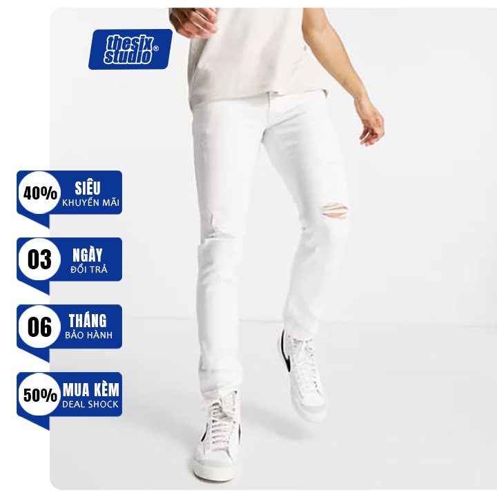 Quần jean nam trắng trơn chất bò co giãn cao cấp ống đứng dáng ôm skinny đẹp chuẩn Hàn Quốc
