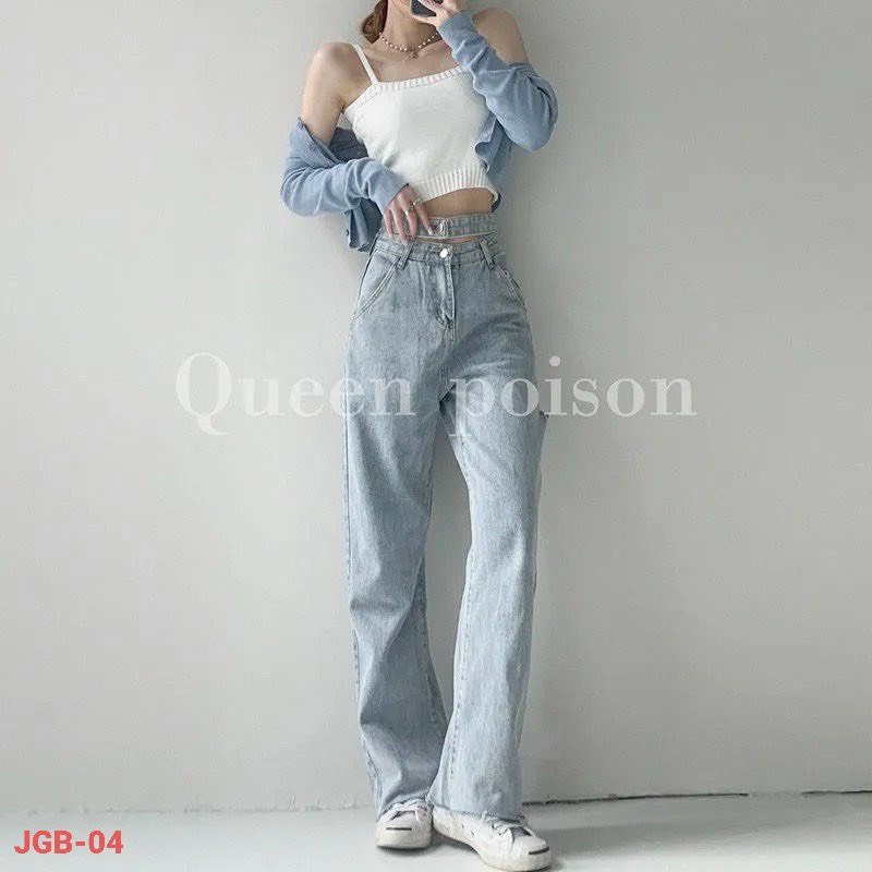 Quần Bò Nữ Simple Jeans Phối DÂY LƯNG Dáng Suông Ống Rộng Rách Gấu Phong Cách Ulzzang Cực Chất - 531
