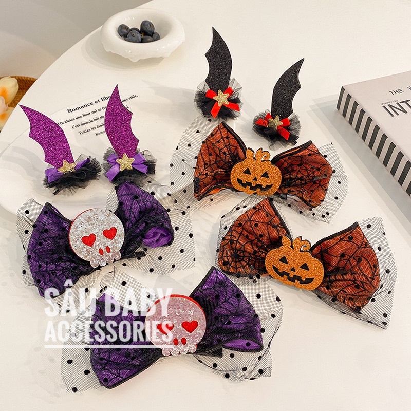 Kẹp tóc bí ngô nơ ren, sừng Halloween cho bé