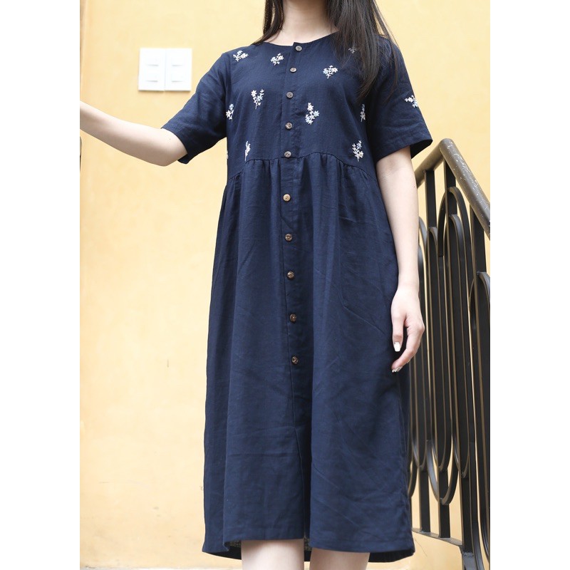 Đầm linen tưng premium thêu tay, dài 105cm, mã mm5_15