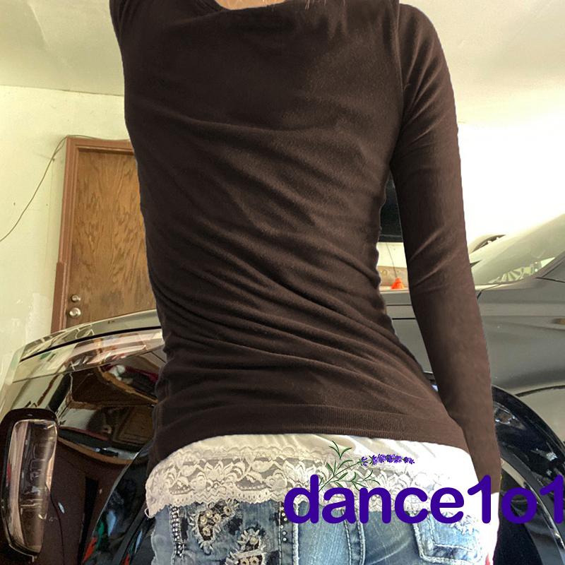 Áo thun tay dài cổ chữ U phối ren phong cách vintage thời trang cho nữ