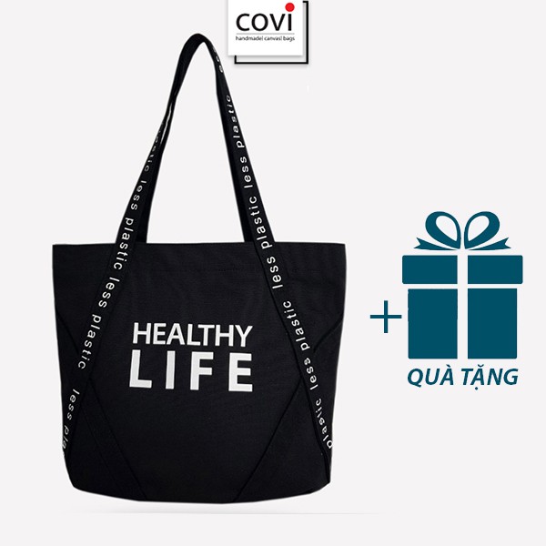 Túi Canvas, Tote Vải, Đeo Vai Hàn Quốc, Đựng Giấy A4 Phối Hoa Lá COVI Vàng, Xanh, Hồng, Đen