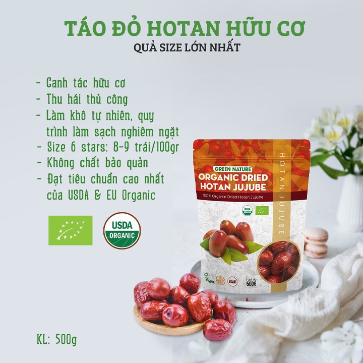Táo đỏ hữu cơ Hotan 500gr Green Nature - Organic Dried Hotan Jujube