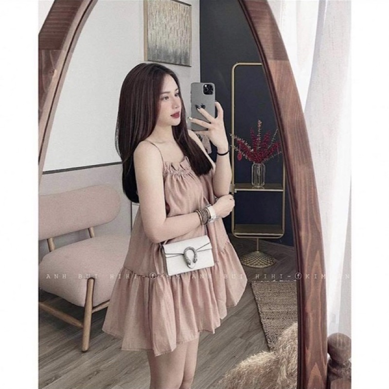 Bộ đũi 2 dây dáng xoè chun ngực babydoll dạng váy kèm quần sooc đùi
