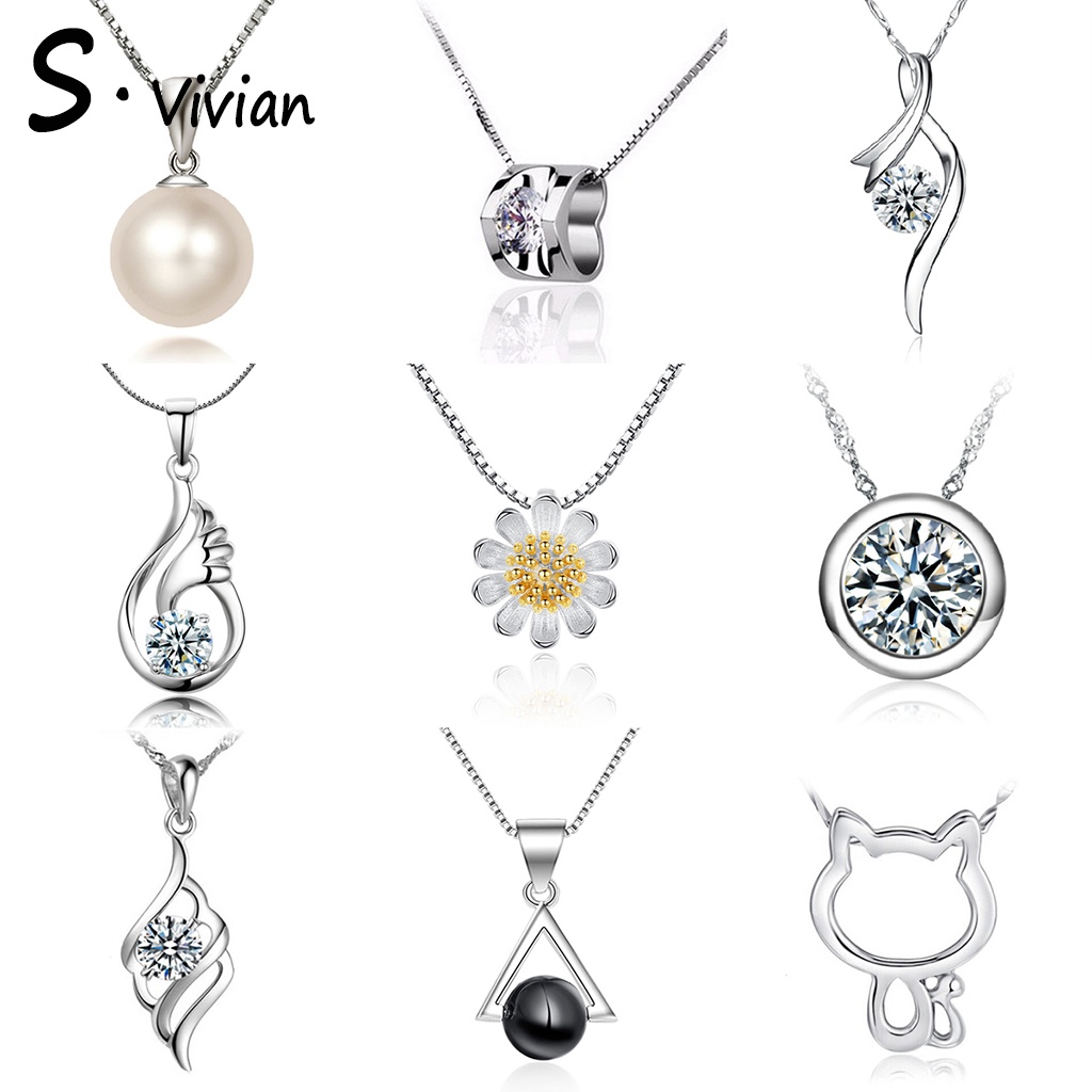 Dây chuyền bạc 925 trang trí mặt đính đá kim cương và ngọc trai nhân tạo 36 kiểu dáng dành cho nữ