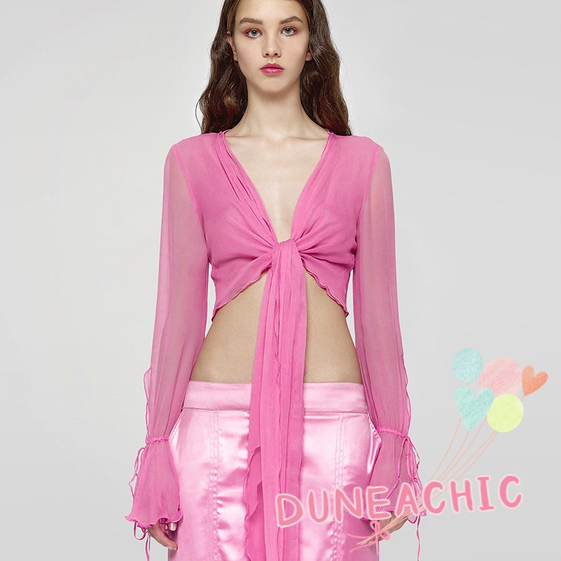 DUNEA Áo Kiểu Tay Dài Cổ Chữ V Thắt Nơ Thời Trang Nữ Tính