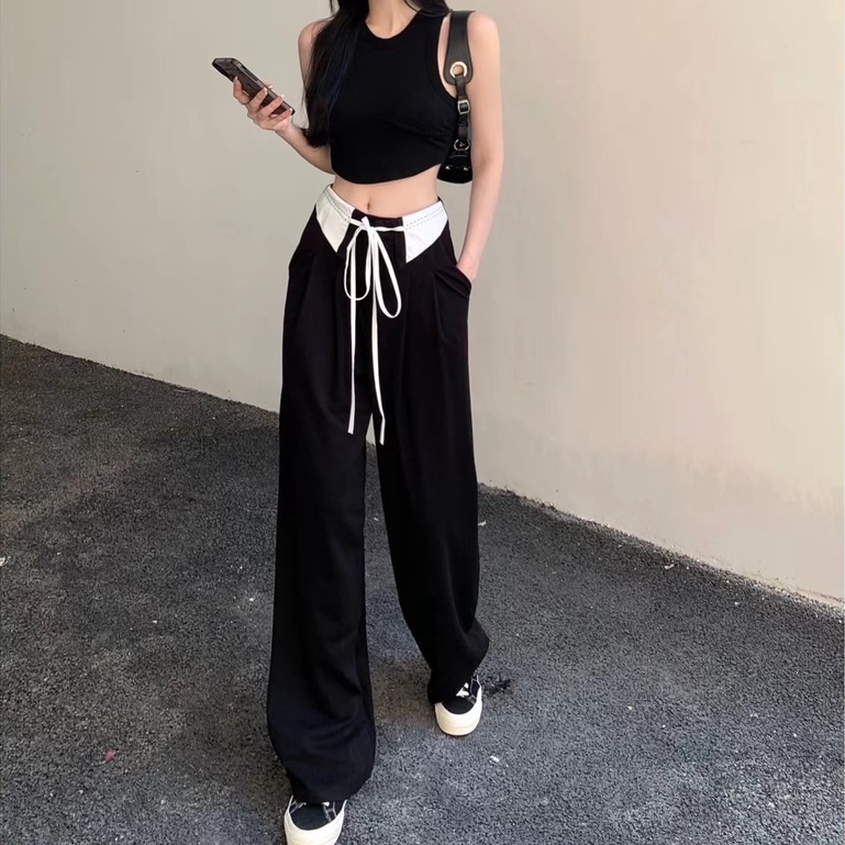 Quần Dài Lưng Cao Ống Rộng Màu Đen Phối Dây Rút Thời Trang Cá Tính Cho Nữ