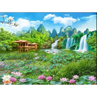 Tranh dán tường 3D thác nước sơn thủy hữu tình - Tranh phong cảnh thiên nhiên sơn thủy đẹp