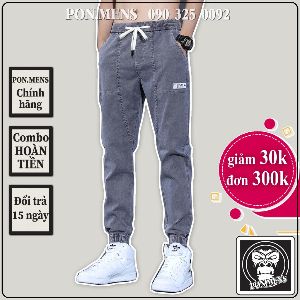Quần Jogger Jeans nam màu xám logo thêu bó gấu lưng chun 752w 2021 pon.mens
