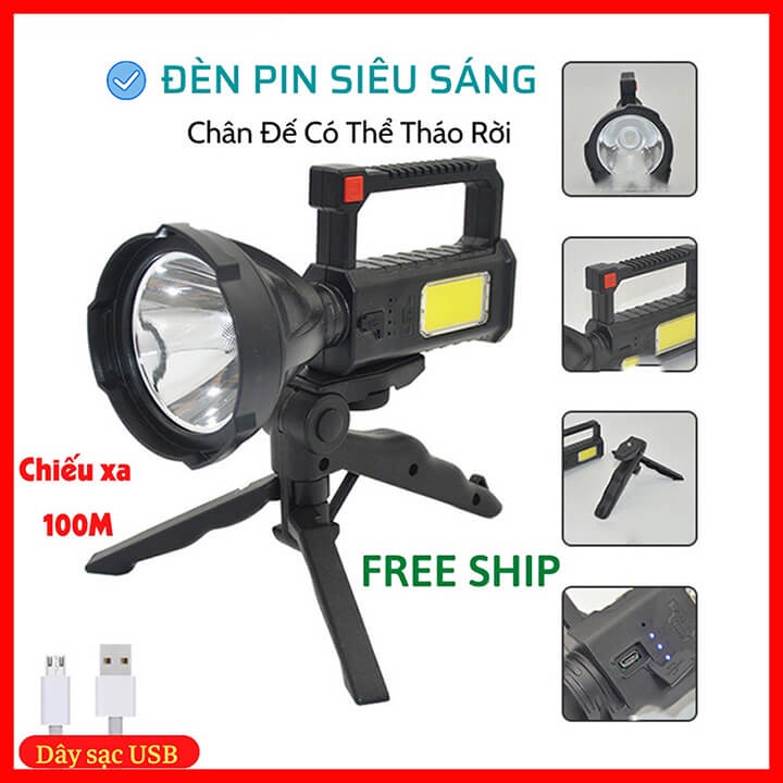 Đèn pin xách tay siêu sáng có chân đế L832 chiếu xa 100m, đèn pin cầm tay 4 chế độ sáng chống thấm nước