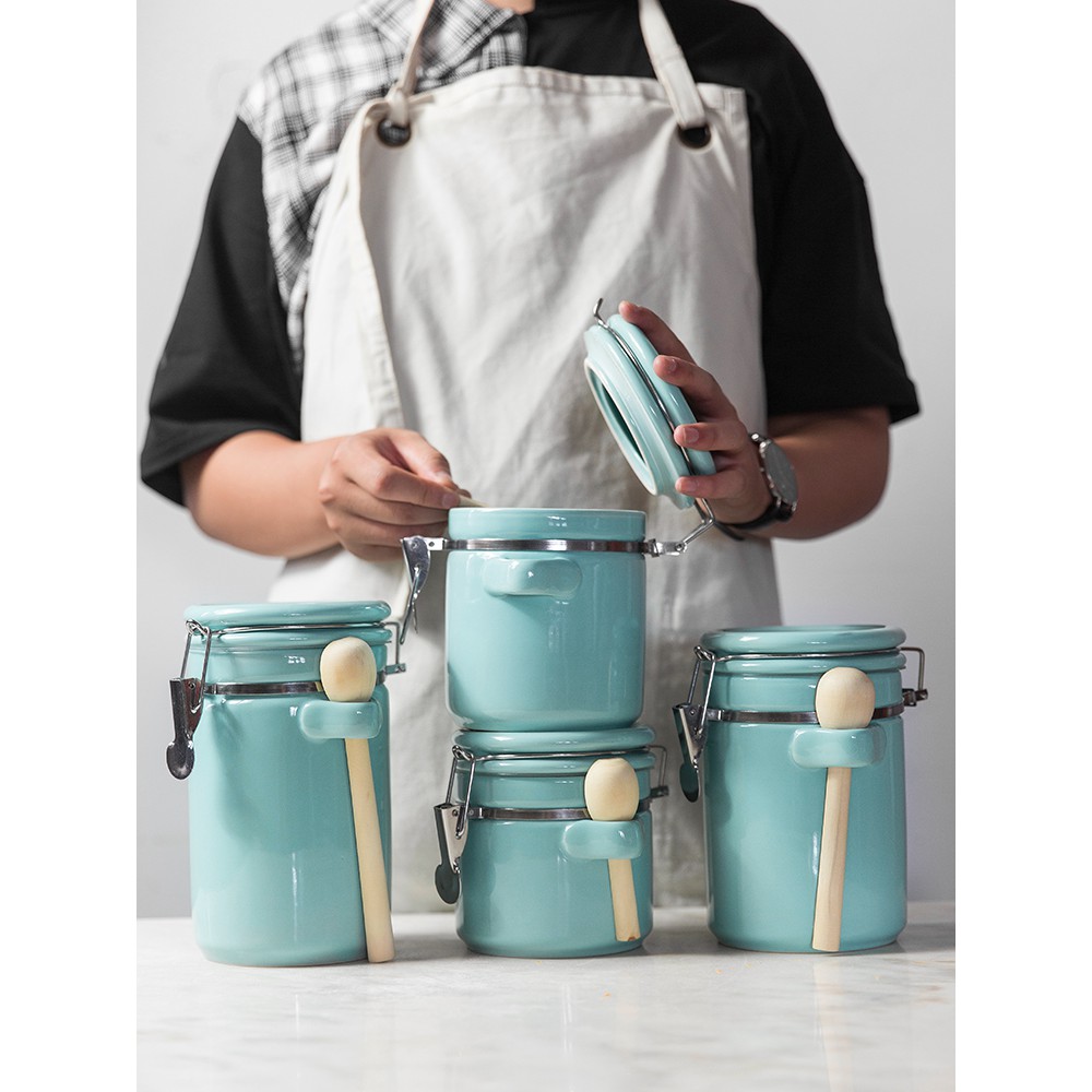 Bộ hũ sứ lưu trữ thực phẩm khô (kèm thìa gỗ) | BigBuy360 - bigbuy360.vn