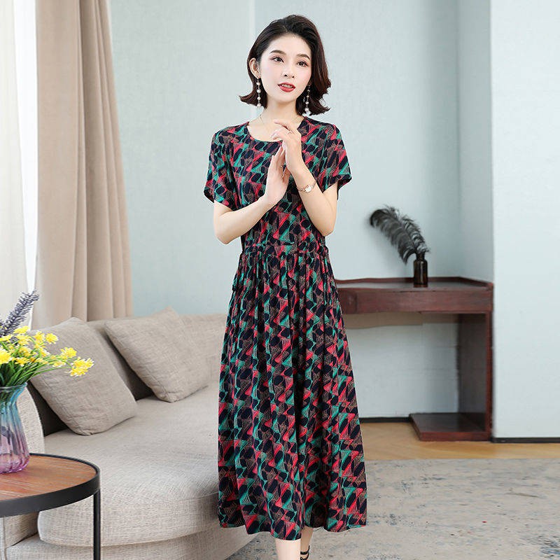 Mẹ trung niên cài đặt áo cotton mùa hè ngắn tay, phần dài, kích thước lớn, hoa đầu gối đầy đủ,  váy