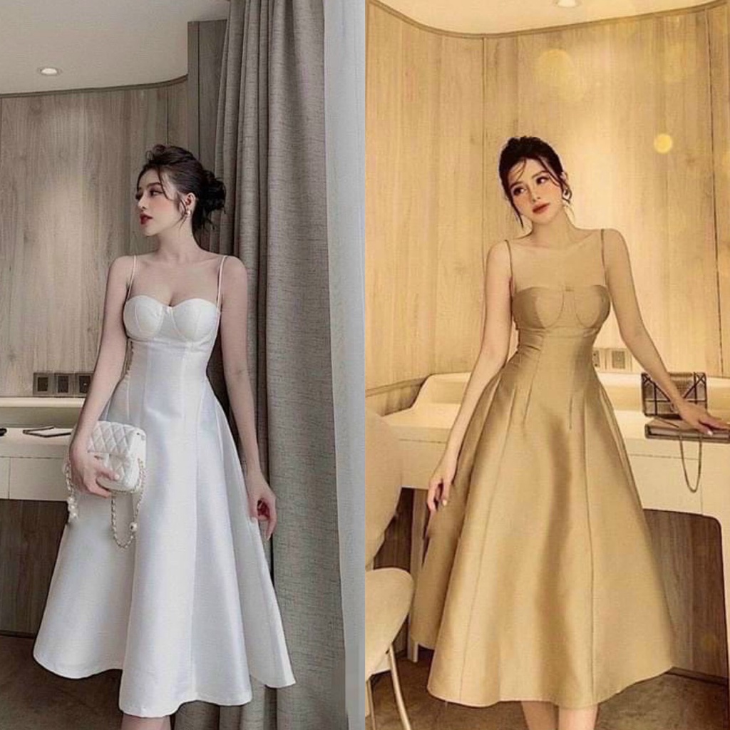 Đầm váy maxi 2 dây xòe dài thiết kế dự tiệc hoặc đi biển trẻ trung xinh xắn duyên dáng có mút ngực chất liệu tapta