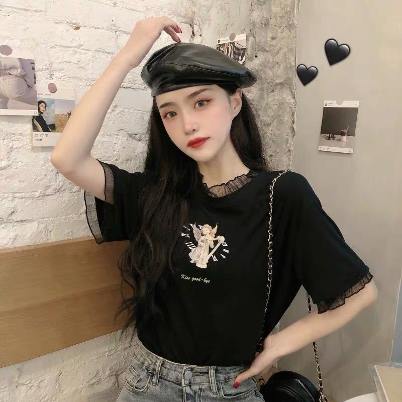 Áo Thun Tay Ngắn Dáng Rộng Phối Ren Thời Trang Mùa Hè Hàng Mới Phong Cách Hàn Quốc Cho Nữ