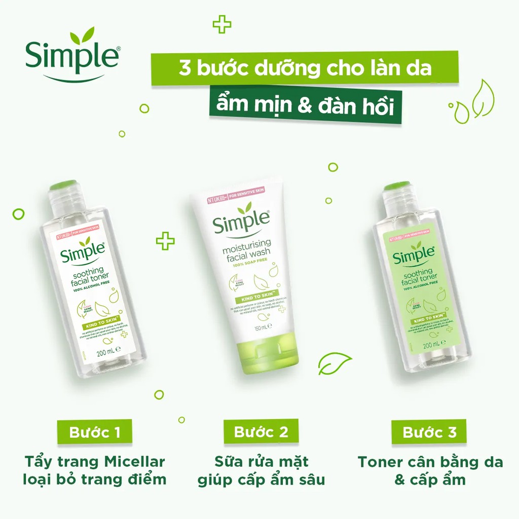 Combo Simple Tẩy trang Micellar 200ml + Sữa rửa mặt 150ml + Nước hoa hồng Toner 200ml cho da ẩm mịn đàn hồi [ĐỘC QUYỀN] | BigBuy360 - bigbuy360.vn