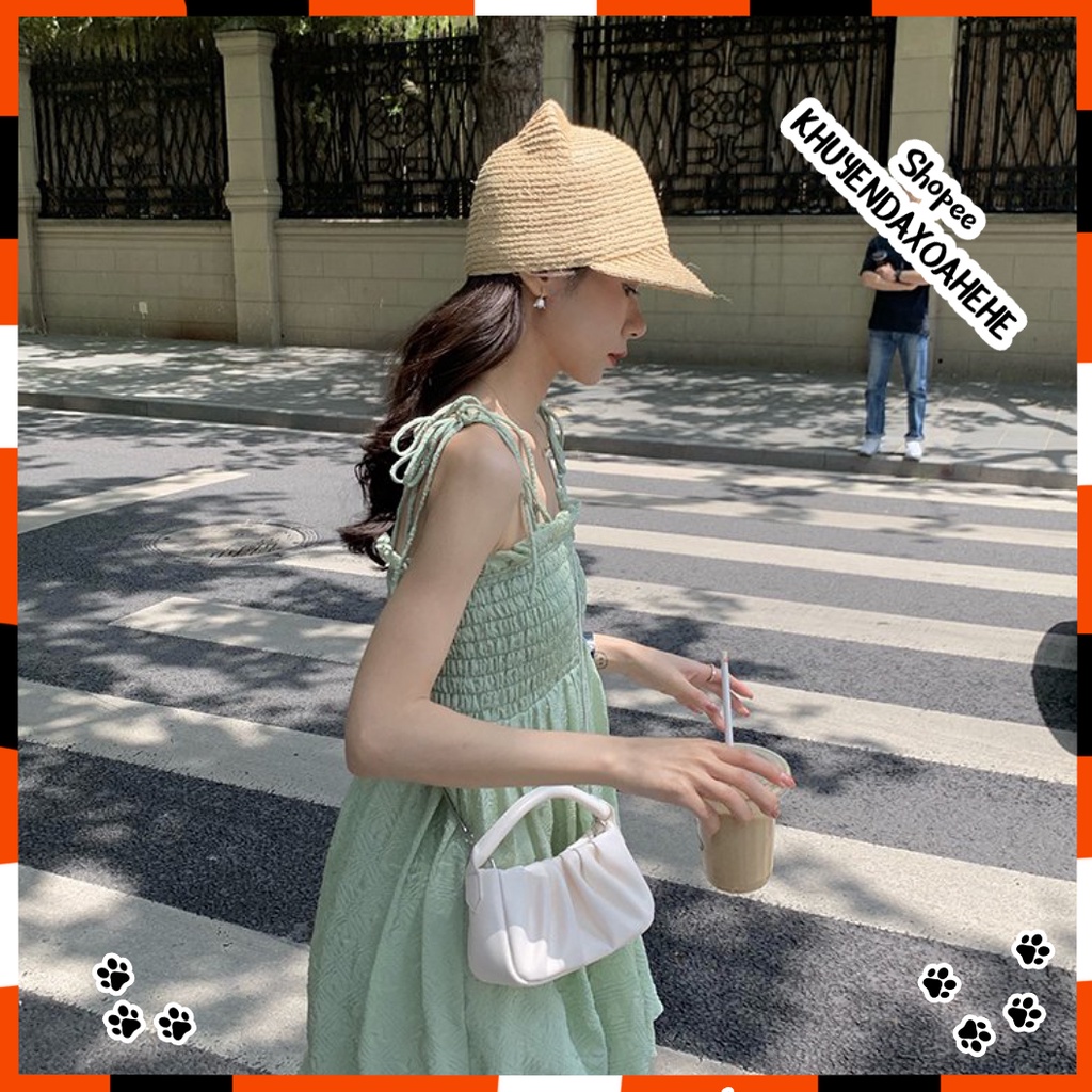 V001 Váy 2 dây thắt nơ chun ngực viền bèo Ulzzang dáng xòe tiểu thư, đầm voan mềm công chúa bánh bèo Hàn Quốc đi biển | BigBuy360 - bigbuy360.vn