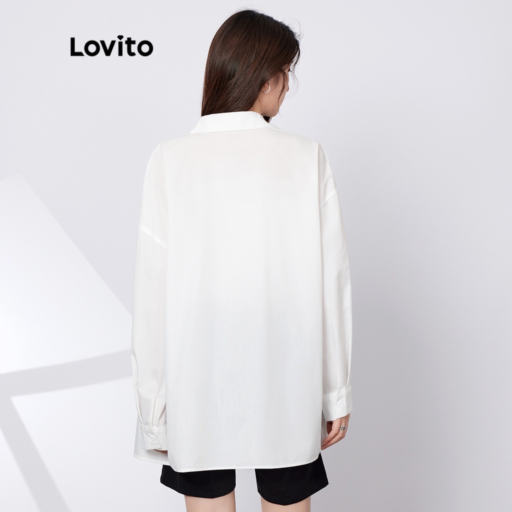 Áo kiểu Lovito thường ngày in chữ cổ gấp họa tiết thêu tay dài L29AD015 (màu trắng)