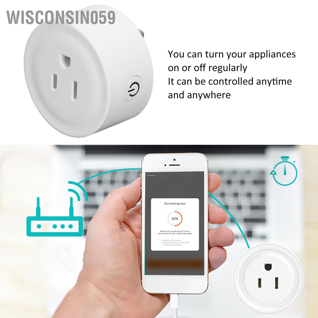 Wisconsin059 Ổ cắm thông minh PC Vỏ cách điện Chức năng hẹn giờ Điều khiển từ xa Mini Smart WiFi Cắm US 100‑240V