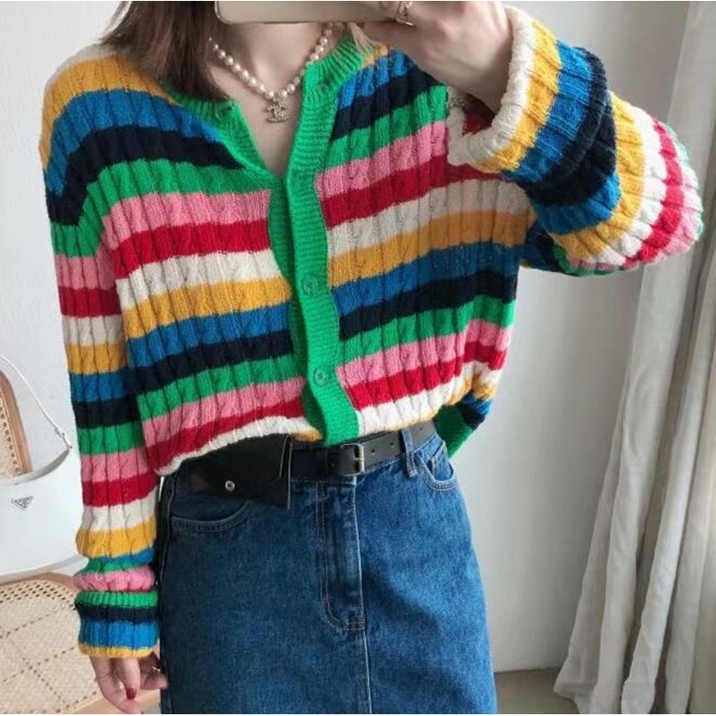DUNEA Áo Khoác Cardigan Dệt Kim Màu Cầu Vồng Xinh Xắn Cho Nữ