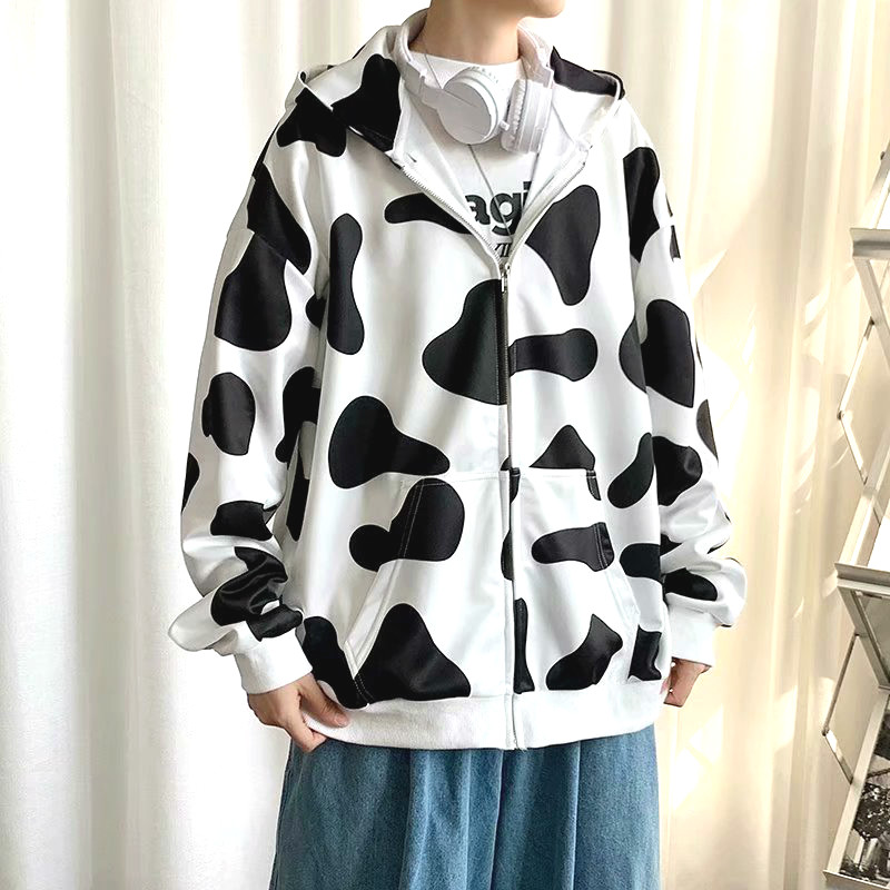 Áo Khoác Khóa Kéo Có Nón In Hình Bò Sữa Thời Trang Dành Cho Nam Và Nữ