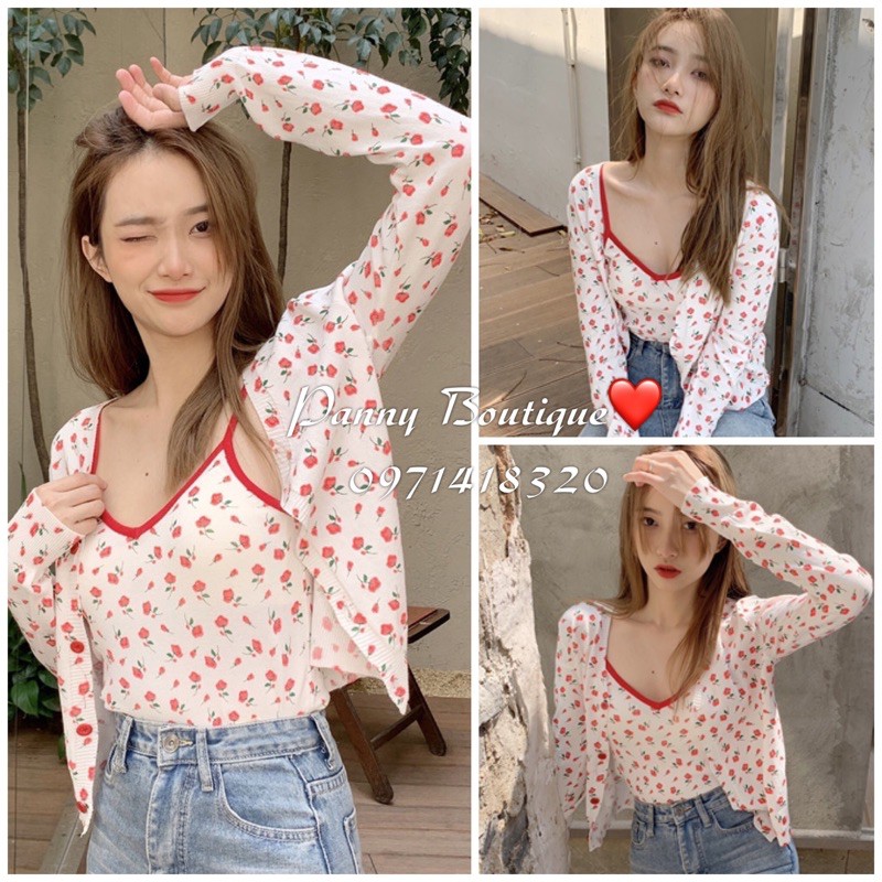 Set áo cardigan + áo dây hoa hồng mỏng nhẹ, style ulzzang Hàn Quốc 🌻 Panny Boutique 🌻