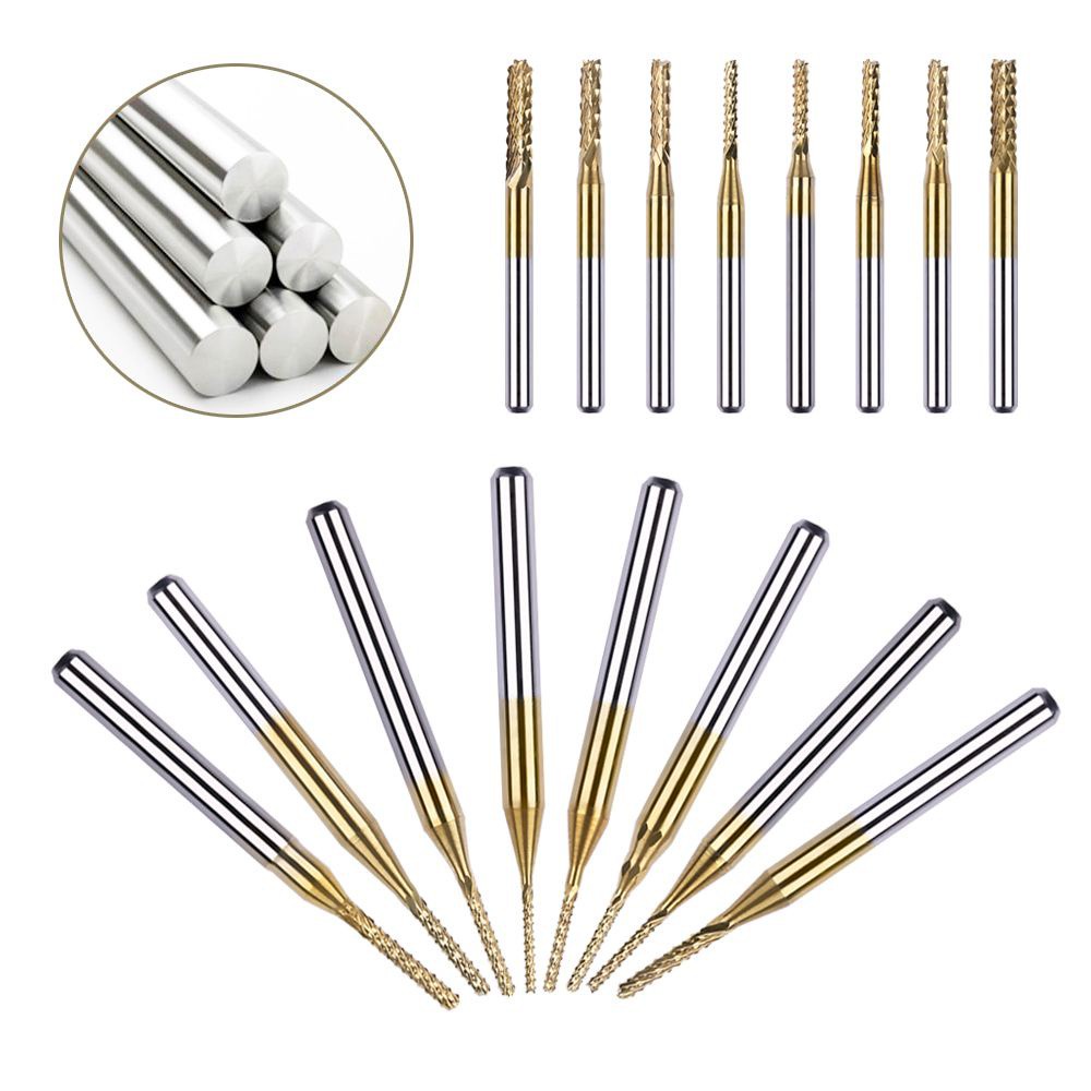 Set 10 Mũi Phay Mini 0.8-3.175 mm CNC Mạ Titan Nhiều Màu Chất Lượng Cao