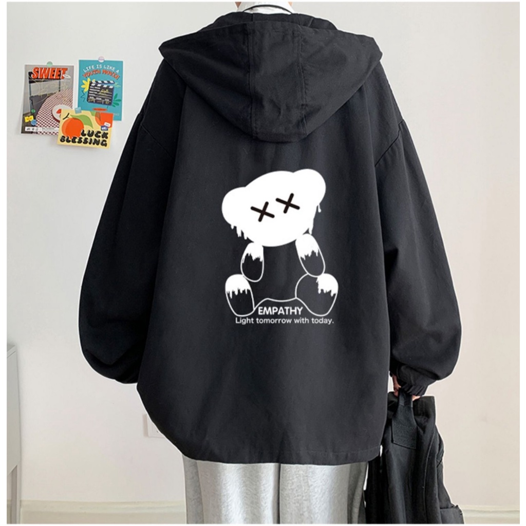 Áo khoác nam from rộng dạng unisex có nón , khoác dù 2 lớp in gấu EMPATHY