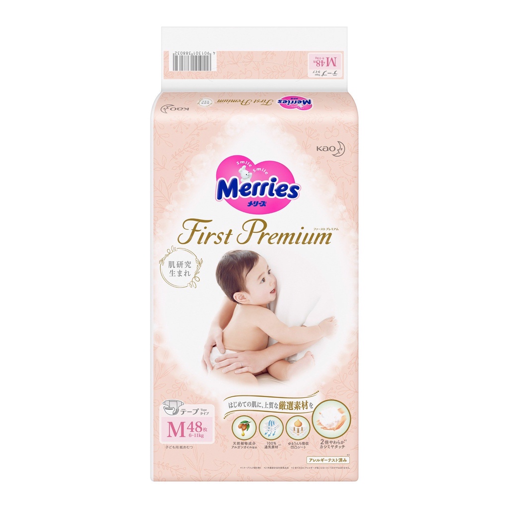 Tã Dán/ Bỉm Merries First Premium Size Newborn NB66, S60, M48 - Cao Cấp