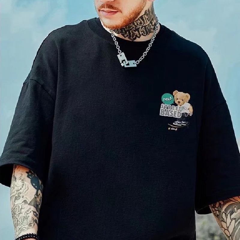 Áo Thun Nam Tay Ngắn Dáng Rộng In Hình Gấu Hoạt Hình Phong Cách Hip Hop Thời Trang Mùa Hè Size M-8XL
