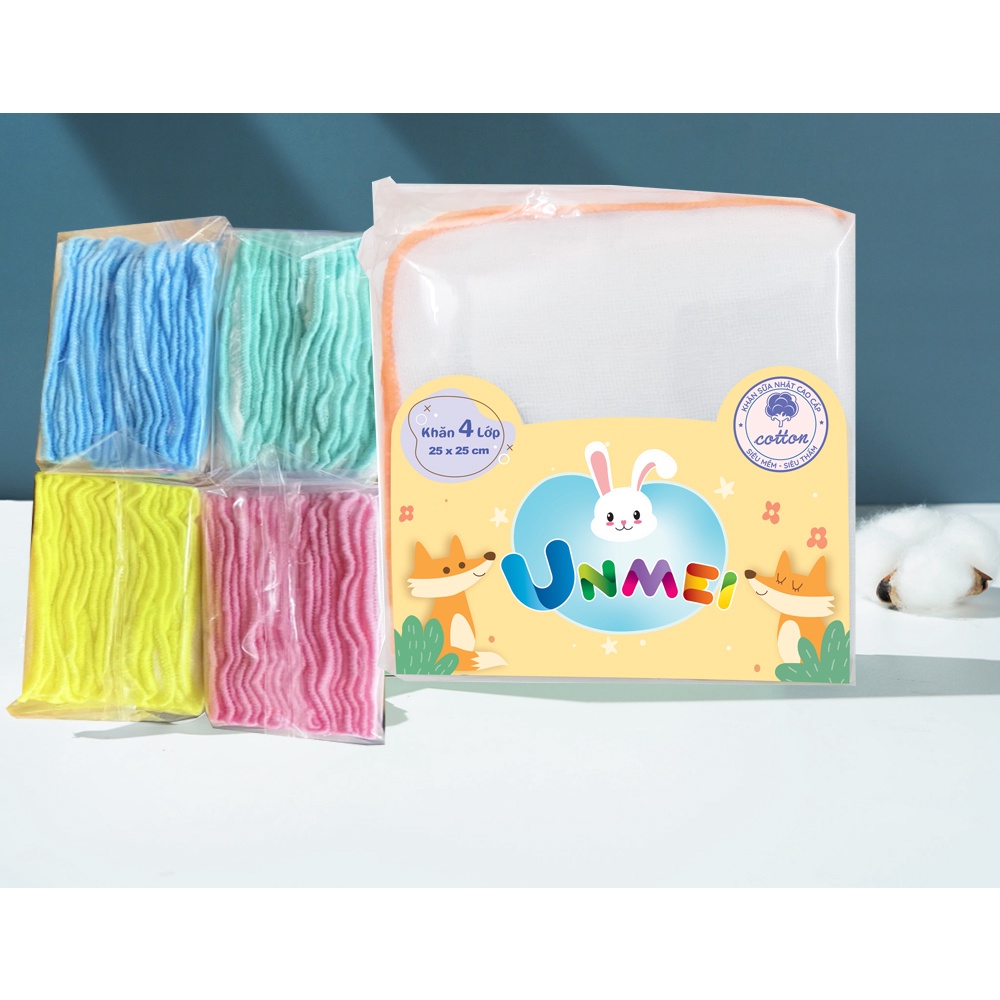 Gói 50 Khăn sữa vải gạc Unmei Dày 4 lớp 25x25cm 100% cotton (Đồ dùng vệ sinh cho bé) - Bịch 10 Cái x 5 Bịch