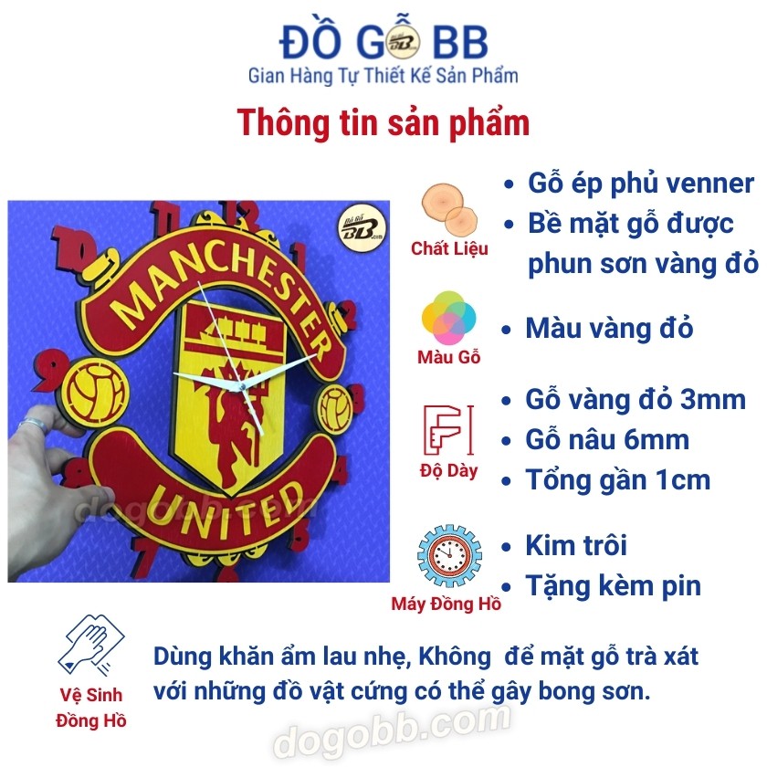 Đồng Hồ MU Bóng Đá Logo Clb Manchester United Treo Tường Gỗ Bền Rẻ Đẹp Bản Sơn Màu Đỏ Vàng - Đồ Gỗ BB