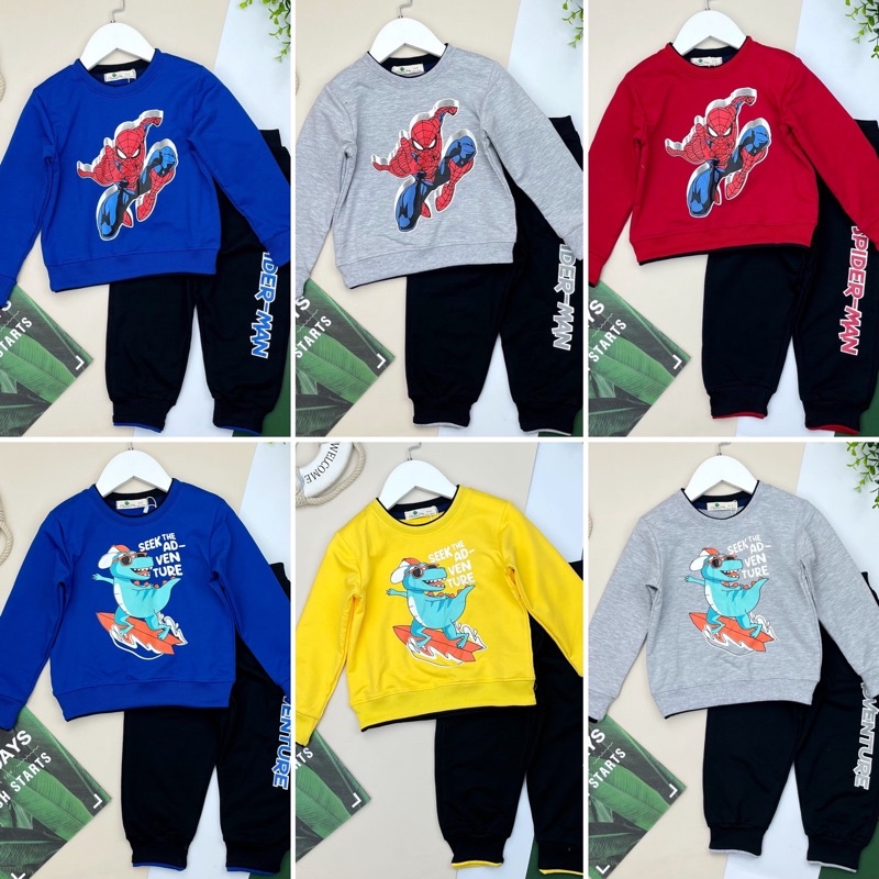 Bộ nỉ da cá bé trai in hình siêu nhân - khủng long có size từ 2-8