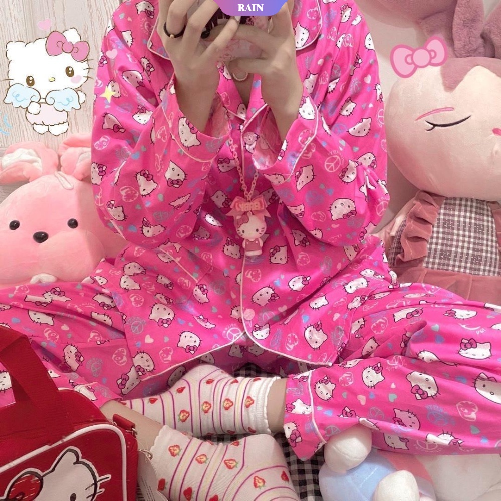Bộ Đồ Ngủ Tay Dài In Họa Tiết Hello Kitty Phong Cách Nhật Bản Cho Nữ