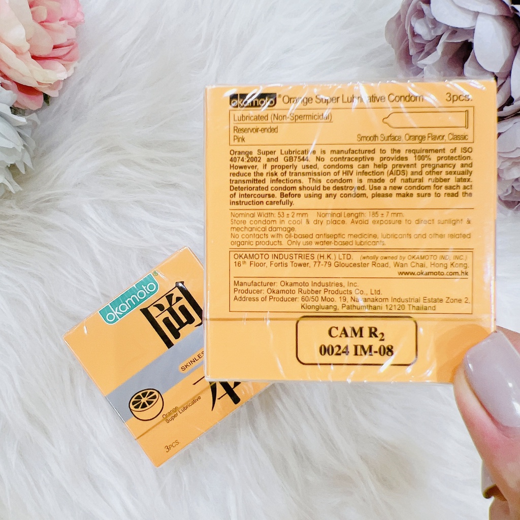 Bao Cao Su Okamoto Skinless Skin Orange Lubricated,Hộp 3 Cái, BCS Siêu mỏng_ Tình yêu ngọt ngào