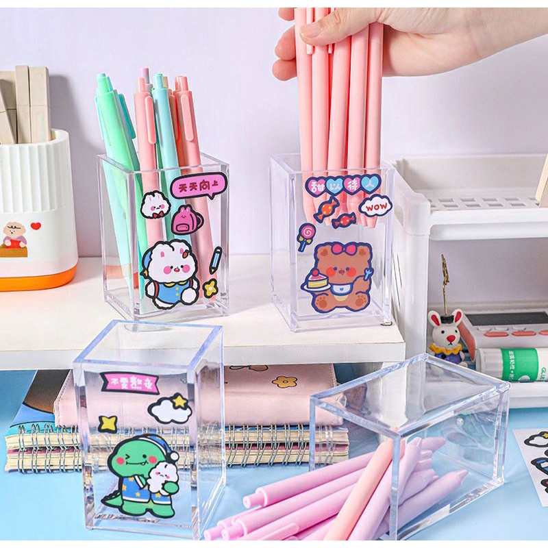 Ống đựng bút vuông trong suốt bằng nhựa acrylic để bàn tiện dụng cho học sinh tặng kèm hình dán trang trí cute